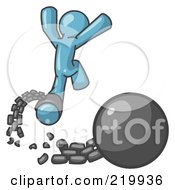 Poster, Art Print Of Denim Blue Man Jumping For Joy While Breaking Away From A Ball And Chain Symbolizing Freedom From Debt Or Divorce