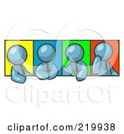 Poster, Art Print Of Four Denim Blue Men In Different Poses Against Colorful Backgrounds Perhaps During A Meeting