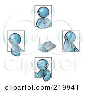 Poster, Art Print Of Group Of Four Denim Blue Men Holding A Phone Meeting And Wearing Wireless Bluetooth Headsets