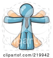 Royalty Free RF Clipart Illustration Of A Man In Motion Denim Blue Vitruvian Cartoon Man