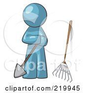 Poster, Art Print Of Denim Blue Man Gardener With A Shovel And A Rake