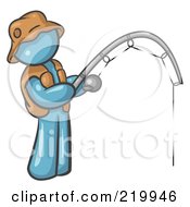 Royalty Free RF Clipart Illustration Of A Denim Blue Man Wearing A Hat And Vest And Holding A Fishing Pole