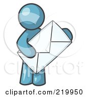 Poster, Art Print Of Denim Blue Person Standing And Holding A Large Envelope Symbolizing Communications And Email