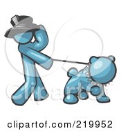 Poster, Art Print Of Denim Blue Man Walking A Tough Bulldog On A Leash