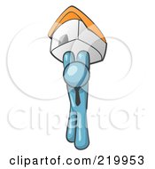 Royalty Free RF Clipart Illustration Of A Denim Blue Man Holding Up A House Over His Head Symbolizing Home Loans And Realty