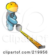 Poster, Art Print Of Denim Blue Man Contractor Wearing A Hardhat Kneeling And Measuring
