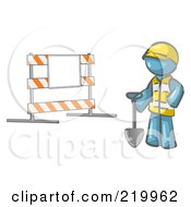 Denim Blue Man Construction Worker In A Yellow Vest And Hardhat Holding A Shovel And Standing By A Road Block Sign