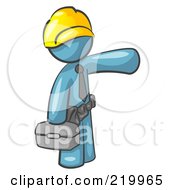 Poster, Art Print Of Denim Blue Man A Construction Worker Handyman Or Electrician Wearing A Yellow Hardhat And Tool Belt And Carrying A Metal Toolbox While Pointing To The Right