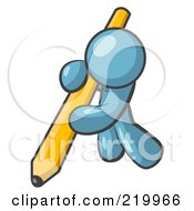Royalty Free RF Clipart Illustration Of A Denim Blue Man Using All Of His Strength To Hold Up And Write With A Giant Yellow Number Two Pencil