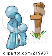 Poster, Art Print Of Uncertain Denim Blue Man And Child Standing At A Wooden Post Trying To Decide Which Direction To Go At A Crossroads