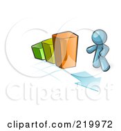 Royalty Free RF Clipart Illustration Of A Denim Blue Man Standing By An Increasing Green Yellow And Orange Bar Graph On A Grid Background With An Arrow