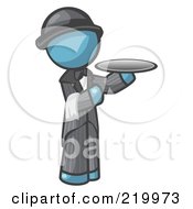 Royalty Free RF Clipart Illustration Of A Denim Blue Man Butler Serving A Platter by Leo Blanchette