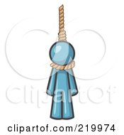 Denim Blue Design Mascot Man Hanging From A Rope