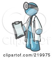 Poster, Art Print Of Denim Blue Male Doctor Holding A Clipboard And Wearing A Head Lamp