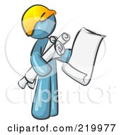Poster, Art Print Of Denim Blue Man Contractor Or Architect Holding Rolled Blueprints And Designs And Wearing A Hardhat