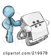 Royalty Free RF Clipart Illustration Of A Denim Blue Businessman Standing Beside A Rotary Card File With Blank Index Cards