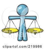 Royalty Free RF Clipart Illustration Of A Denim Blue Man Scales Of Justice With Two Gold Scales