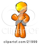 Friendly Orange Construction Worker Or Handyman Wearing A Hardhat And Tool Belt And Waving by Leo Blanchette