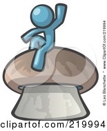 Denim Blue Man Design Mascot Waving And Sitting On A Mushroom