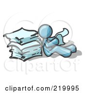 Poster, Art Print Of Denim Blue Man Leaning Against A Stack Of Papers