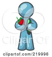 Poster, Art Print Of Healthy Denim Blue Man Carrying A Fresh And Organic Apple And Cucumber