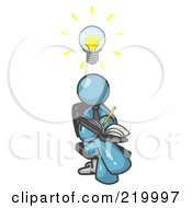 Poster, Art Print Of Smart Denim Blue Man Seated With His Legs Crossed Brainstorming And Writing Ideas Down In A Notebook Lightbulb Over His Head
