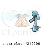 Poster, Art Print Of Denim Blue Businessman Talking On A Cell Phone A Communications Tower In The Background