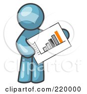 Royalty Free RF Clipart Illustration Of A Denim Blue Man Holding A Bar Graph Displaying An Increase In Profit