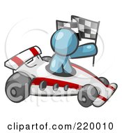 Poster, Art Print Of Denim Blue Man Driving A Fast Race Car Past Flags While Racing