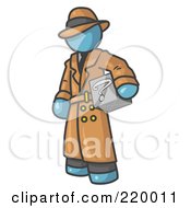 Poster, Art Print Of Secretive Denim Blue Man In A Trench Coat And Hat Carrying A Box With A Question Mark On It