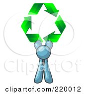 Poster, Art Print Of Denim Blue Man Holding Up Three Green Arrows Forming A Triangle And Moving In A Clockwise Motion Symbolizing Renewable Energy And Recycling