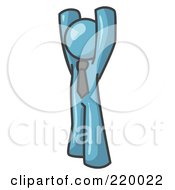 Royalty Free RF Clipart Illustration Of A Denim Blue Man Standing With His Arms Above His Head