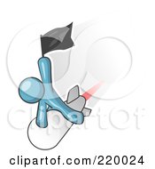 Royalty Free RF Clipart Illustration Of A Denim Blue Man Waving A Flag While Riding On Top Of A Fast Missile Or Rocket Symbolizing Success