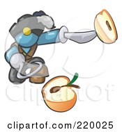 Denim Blue Man Pirate With A Hook Hand Holding A Sliced Apple On A Sword