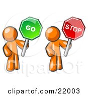 Poster, Art Print Of Orange Men Holding Red And Green Stop And Go Signs