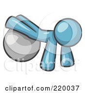 Royalty Free RF Clipart Illustration Of A Denim Blue Man Strength Training His Arms And Legs While Using A Yoga Exercise Ball