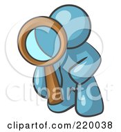 Poster, Art Print Of Denim Blue Man Kneeling On One Knee To Look Closer At Something While Inspecting Or Investigating
