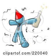 Poster, Art Print Of Happy Denim Blue Man Partying With A Party Hat Confetti And A Bottle Of Liquor