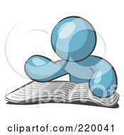 Royalty Free RF Clipart Illustration Of A Denim Blue Man Character Seated And Reading The Daily Newspaper To Brush Up On Current Events