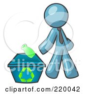 Poster, Art Print Of Denim Blue Man Tossing A Plastic Container Into A Recycle Bin Symbolizing Someone Doing Their Part To Help The Environment And To Be Earth Friendly