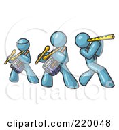 Three Denim Blue Men Playing Flutes And Drums At A Music Concert