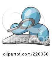 Royalty Free RF Clipart Illustration Of A Denim Blue Man Using A Magnifying Glass To Examine The Facts In The Daily Newspaper