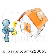 Poster, Art Print Of Denim Blue Businessman Holding A Skeleton Key And Standing In Front Of A House With A Coin Slot And Keyhole