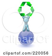Poster, Art Print Of Denim Blue Man Standing On Top Of The Blue Planet Earth And Holding Up Three Green Arrows Forming A Triangle And Moving In A Clockwise Motion Symbolizing Renewable Energy And Recycling