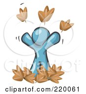 Poster, Art Print Of Carefree Denim Blue Man Tossing Up Autumn Leaves In The Air Symbolizing Happiness And Freedom