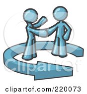 Royalty Free RF Clipart Illustration Of A Denim Blue Salesman Shaking Hands With A Client While Making A Deal