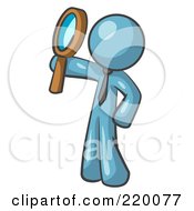 Denim Blue Man Holding Up A Magnifying Glass And Peering Through It While Investigating Or Researching Something