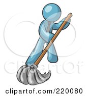 Poster, Art Print Of Denim Blue Man Wearing A Tie Using A Mop While Mopping A Hard Floor To Clean Up A Mess Or Spill