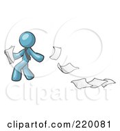 Poster, Art Print Of Denim Blue Man Dropping White Sheets Of Paper On A Ground And Leaving A Paper Trail Symbolizing Waste