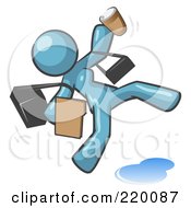 Royalty Free RF Clipart Illustration Of An Overwhelmed Denim Blue Woman Slipping On A Puddle Of Water